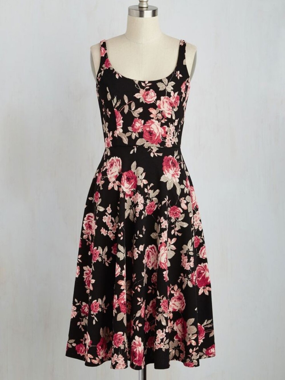 Black Floral A-Line Dress with Pink Rose Print